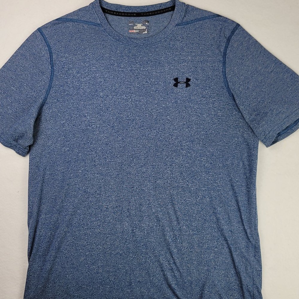 Under Armour T Shirt Mens Medium Blue Short Sleeve Logo Loose Heat Gear